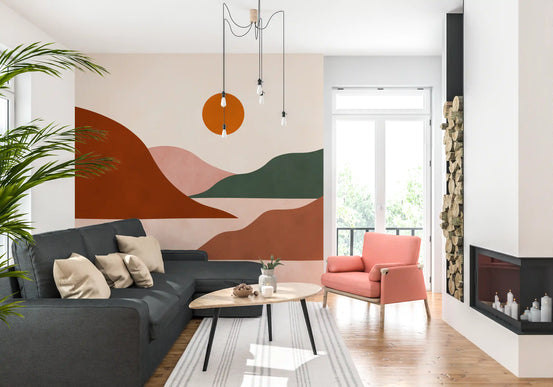 Boho wall mural with layered terracotta and sage green hills GD11281