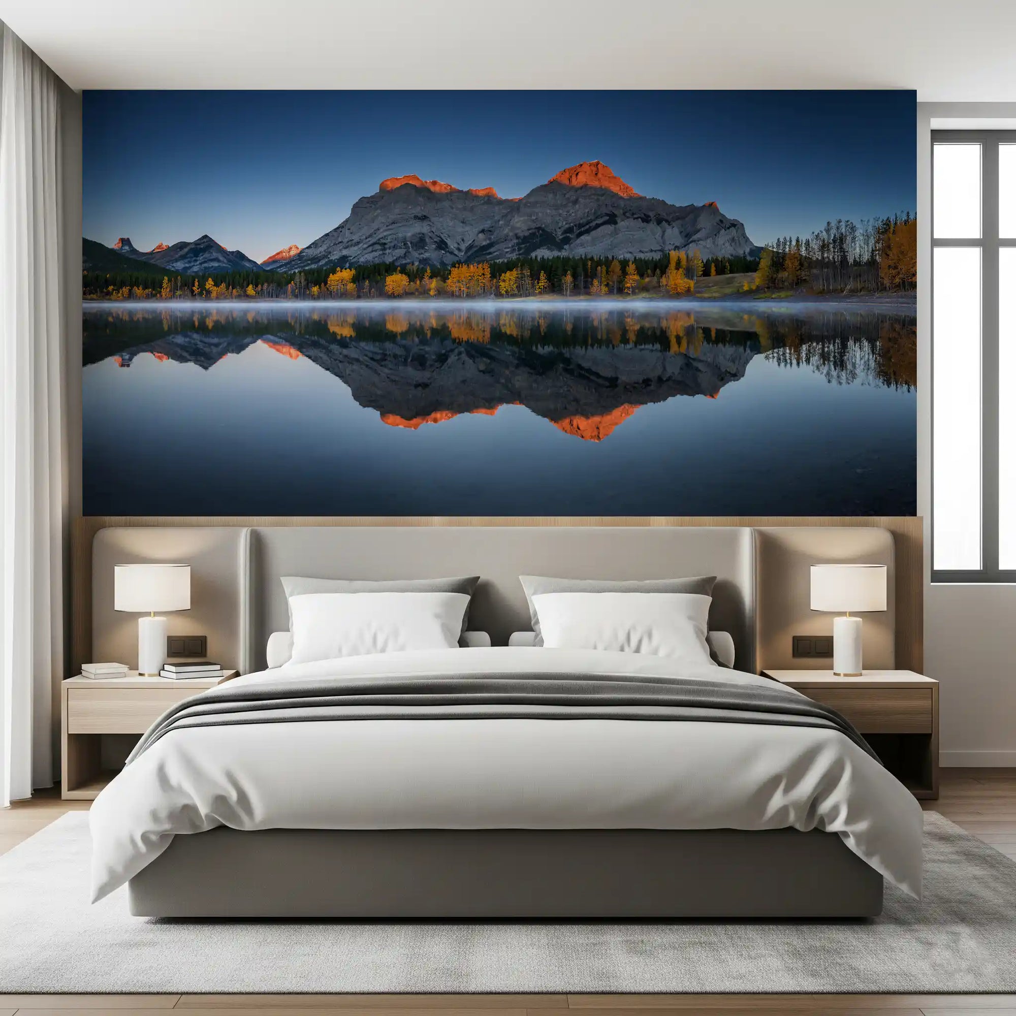 Alpine mountain mural with a grey peak and warm sunrise glow in bedroom GD11282