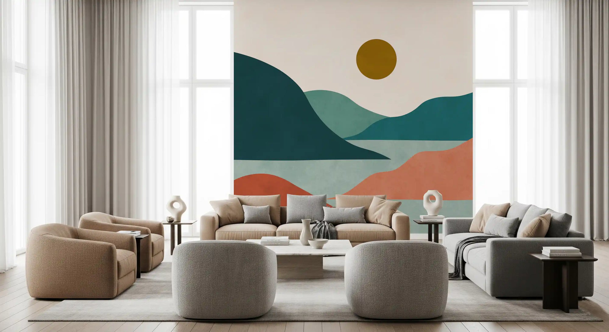 Boho wall mural with layered teal and rust hills in living room GD11283