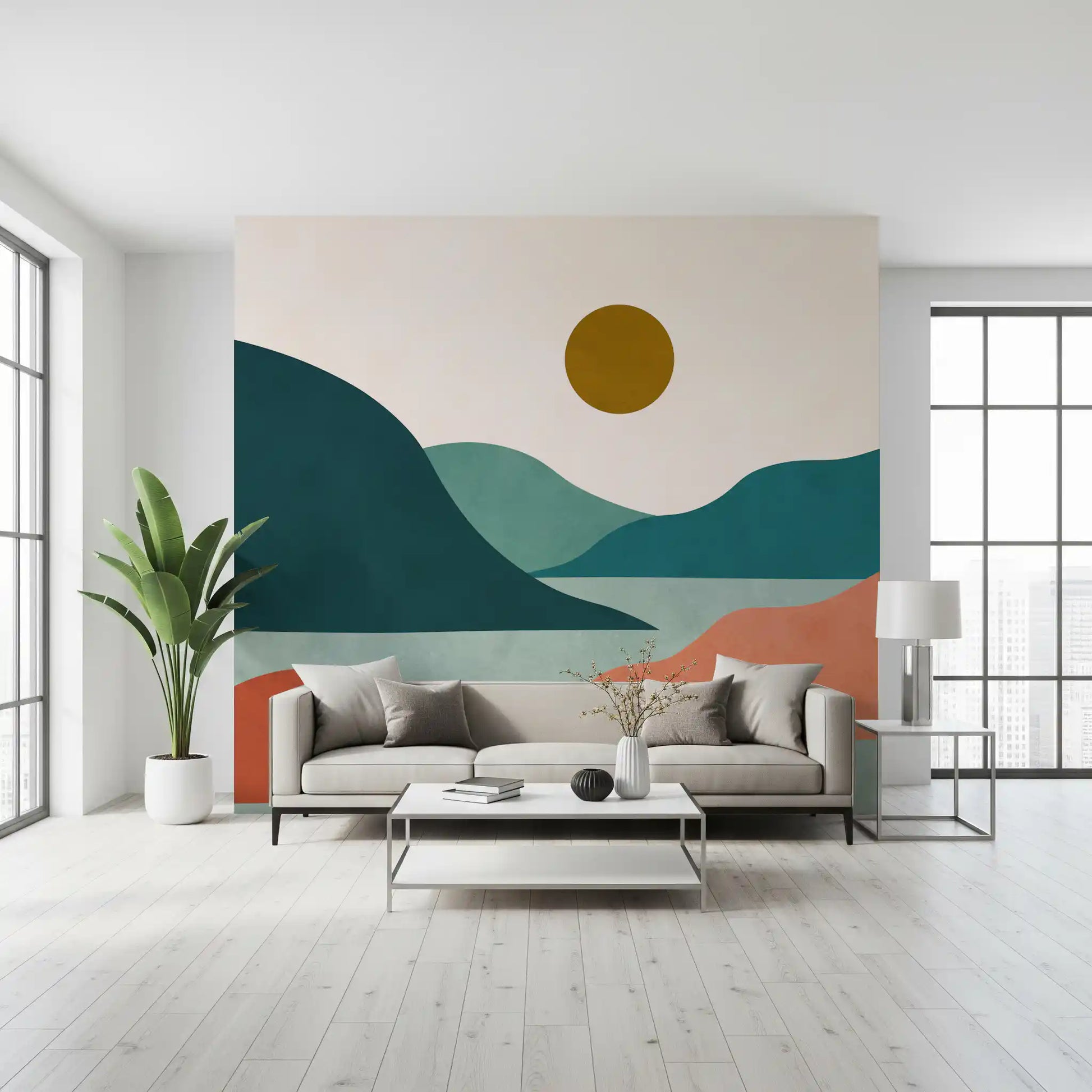 Minimalist Sunset Valley Peaks Wall Mural
