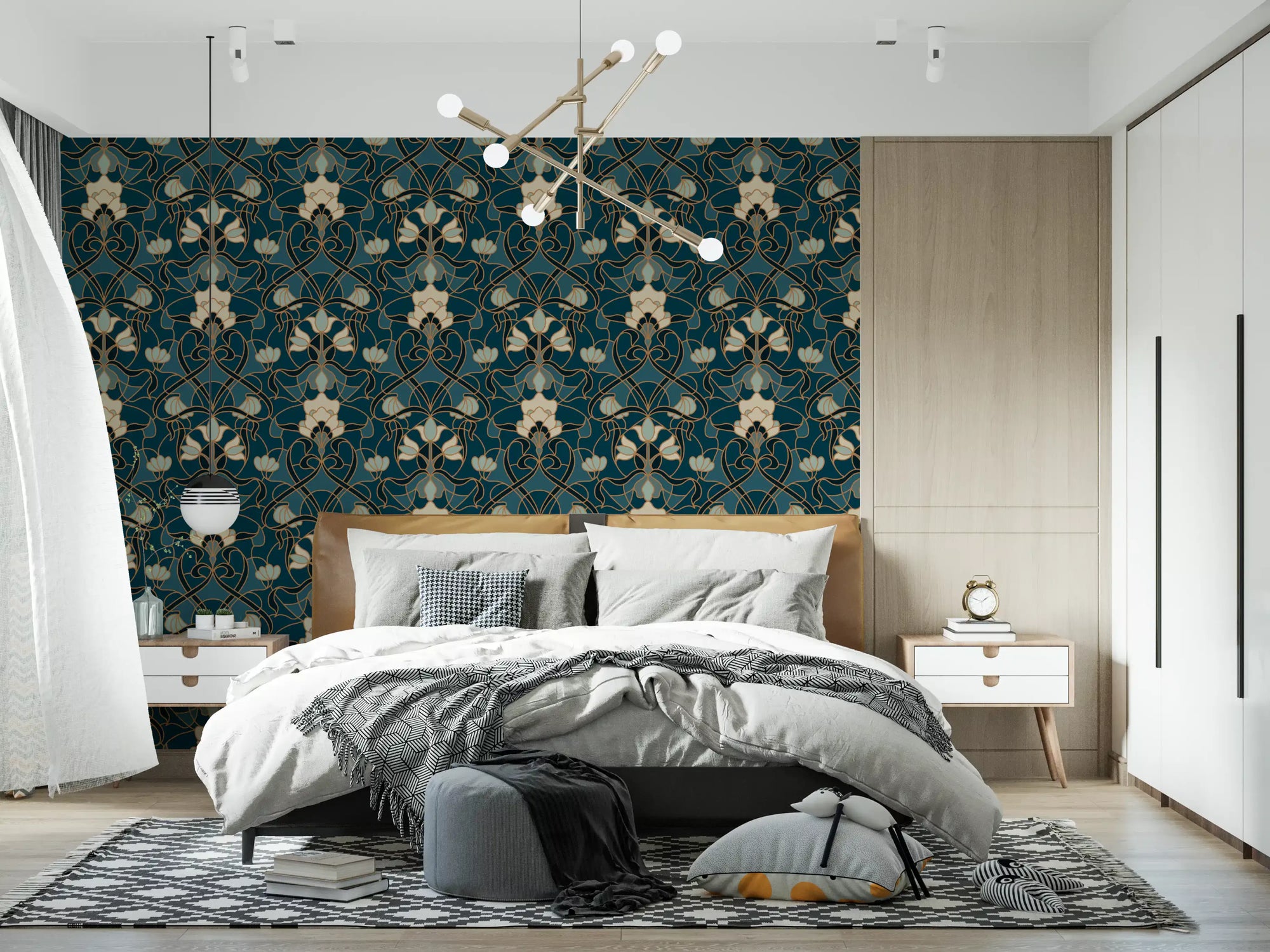 Botanical scrollwork wallpaper in gold, cream and sage on teal for bedroom GD11284