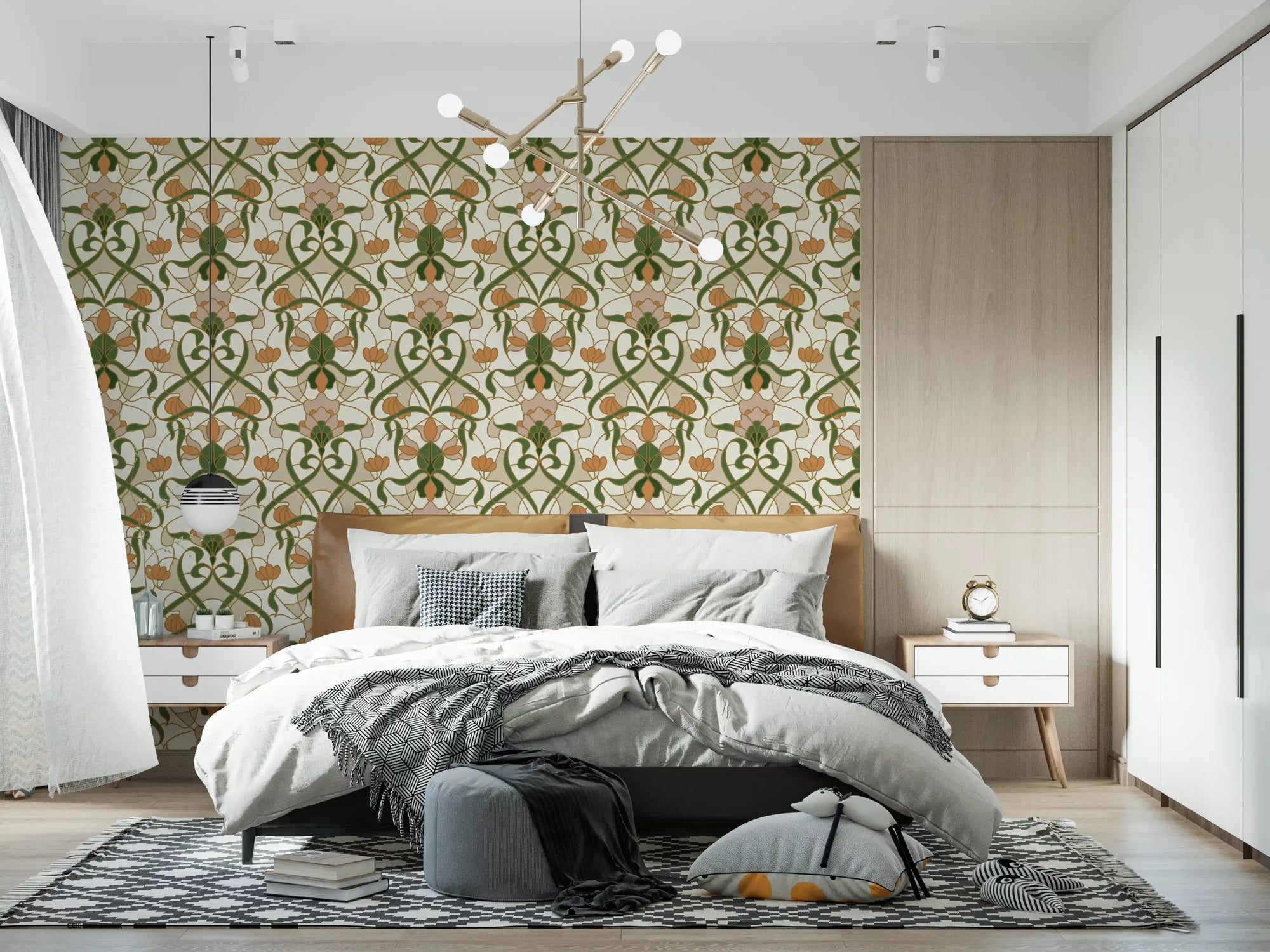 Art Nouveau floral wallpaper with green vines and terracotta blooms in bedroom GD11285