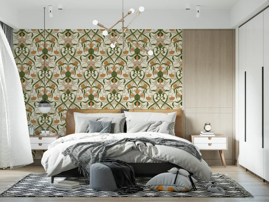 Art Nouveau floral wallpaper with green vines and terracotta blooms in bedroom GD11285