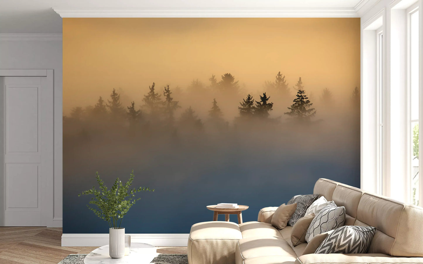 Golden Haze Pine Tree Landscape Wall Mural