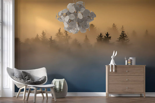 Golden haze pine tree forest wall mural with misty silhouettes GD11286