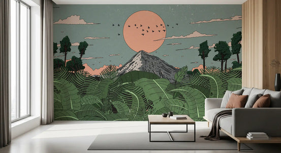 Jungle horizon sunset view wall mural with mountain and coral sun in living room GD11287