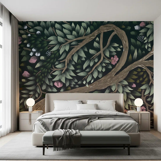Enchanted midnight orchard canopy wall mural with branches and leaves in bedroom GD11288