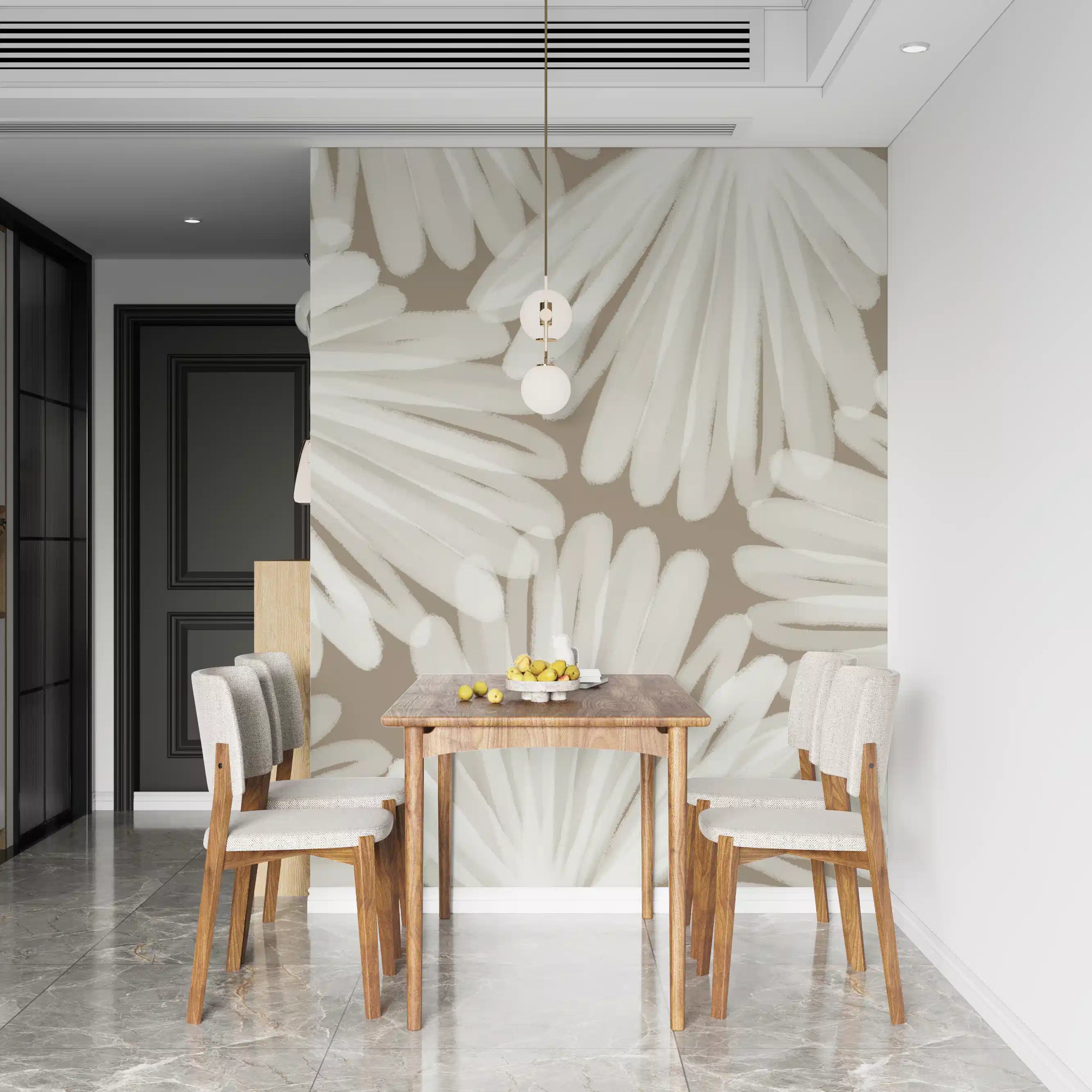 Minimalist bloom layers wall mural with cream fan-shaped floral brushstrokes in dining room GD11290