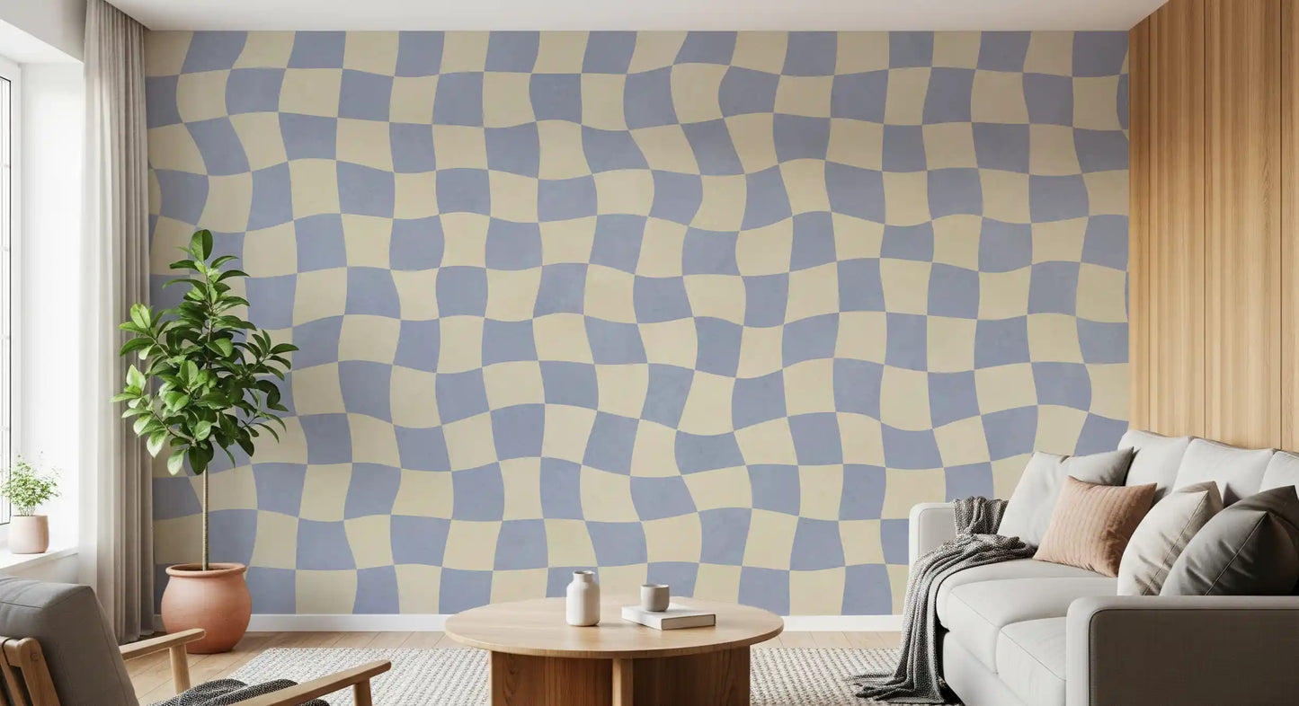 Wavy Checked Soft Blue Grid Wall Mural