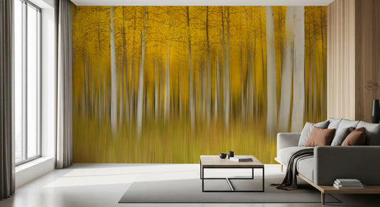 Golden aspen forest motion wall mural with blurred pale trunks in living room GD11293