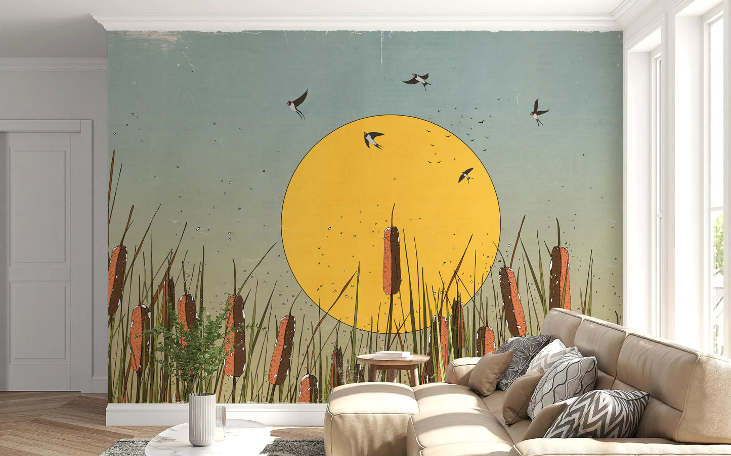 Golden Marshlands and Swallows Wall Mural