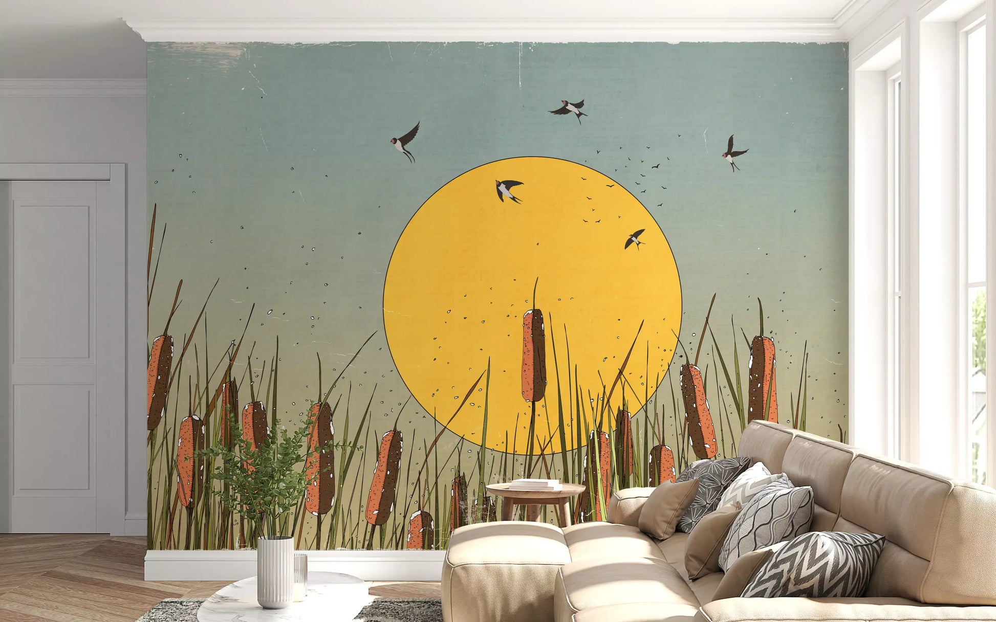 Golden Marshlands and Swallows Wall Mural