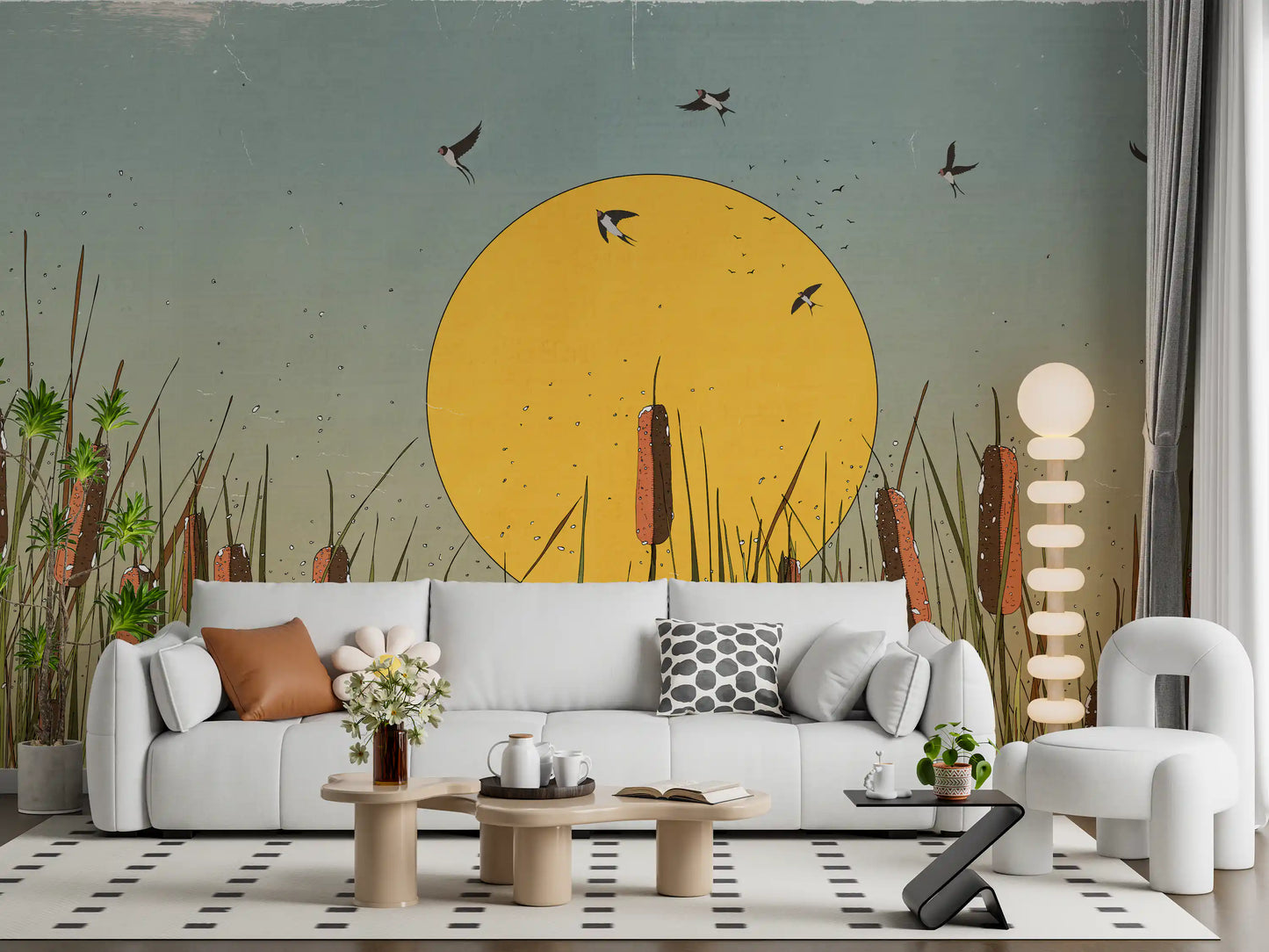 Golden Marshlands and Swallows Wall Mural
