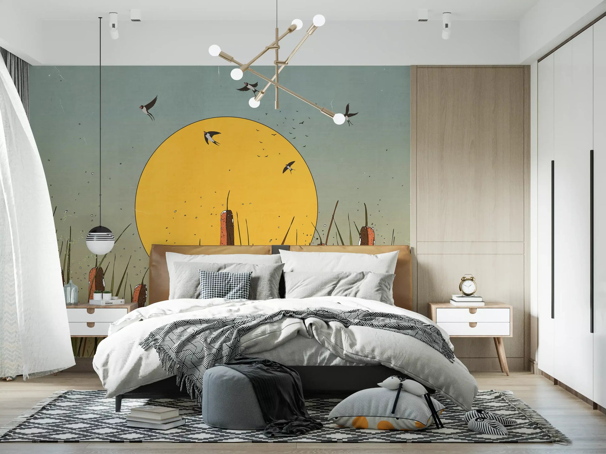 Golden Marshlands and Swallows Wall Mural