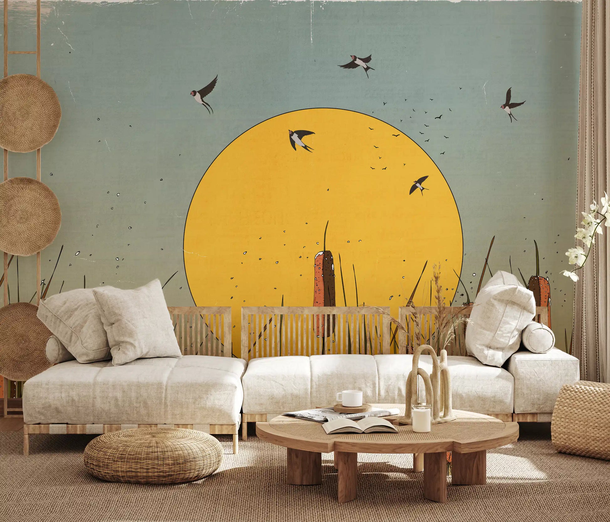 Golden Marshlands and Swallows Wall Mural