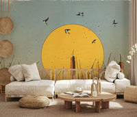Golden Marshlands and Swallows Wall Mural