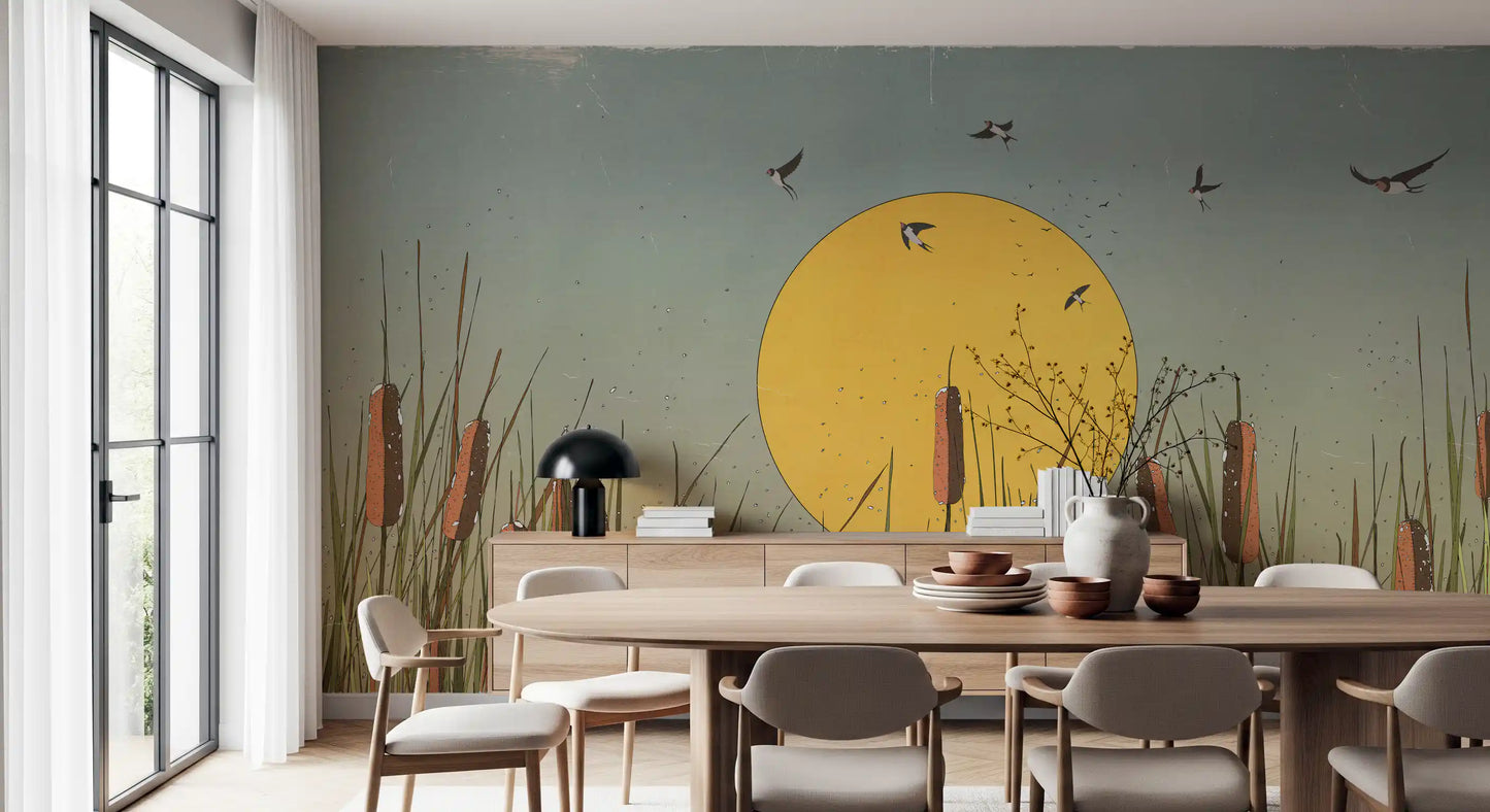 Golden Marshlands and Swallows Wall Mural