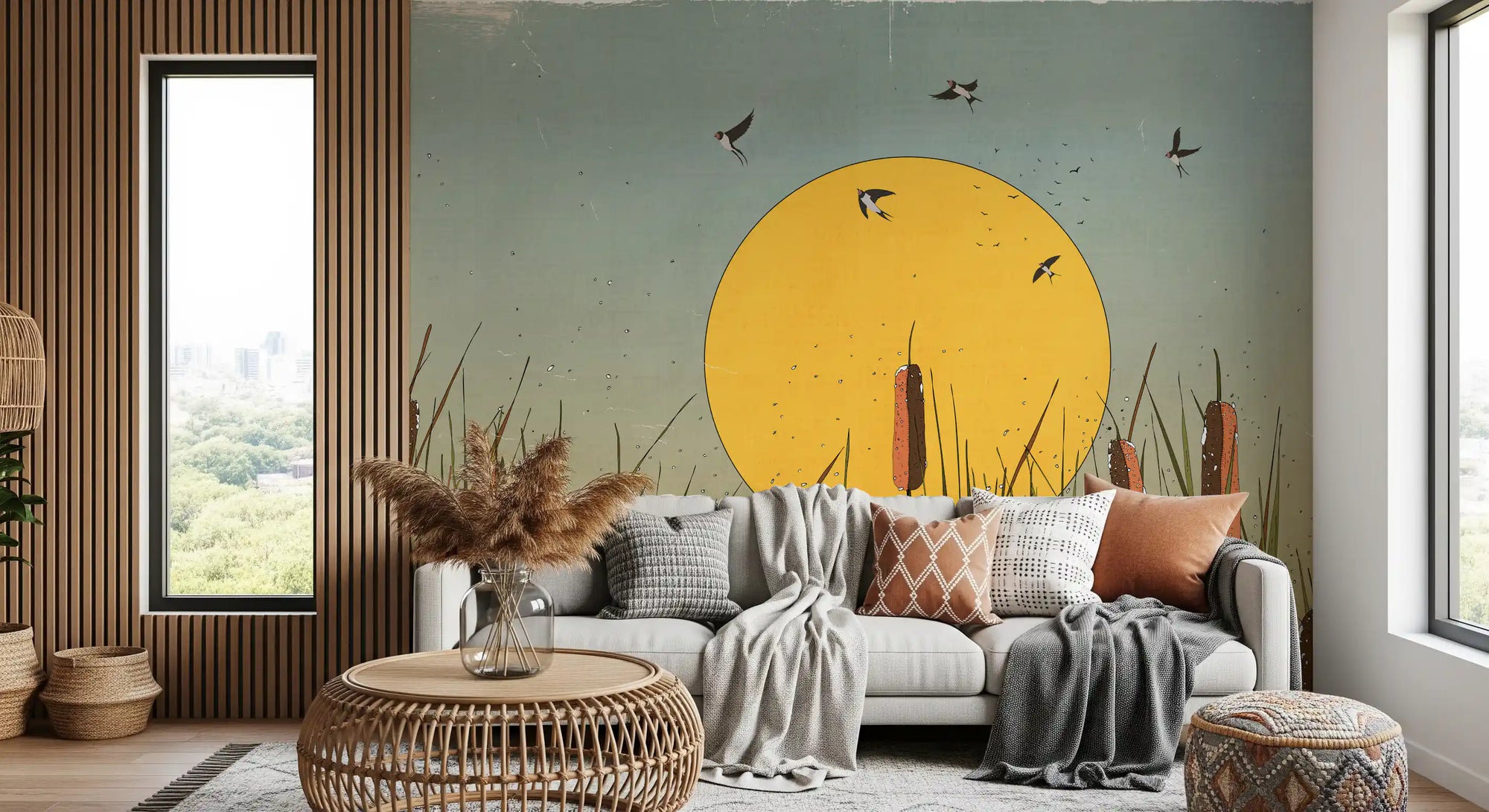 Golden marshlands and swallows wall mural with reeds and sun GD11294