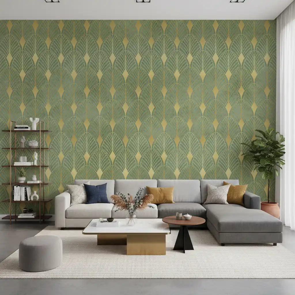 Sage and Gold Art Deco Fan Wall Mural
