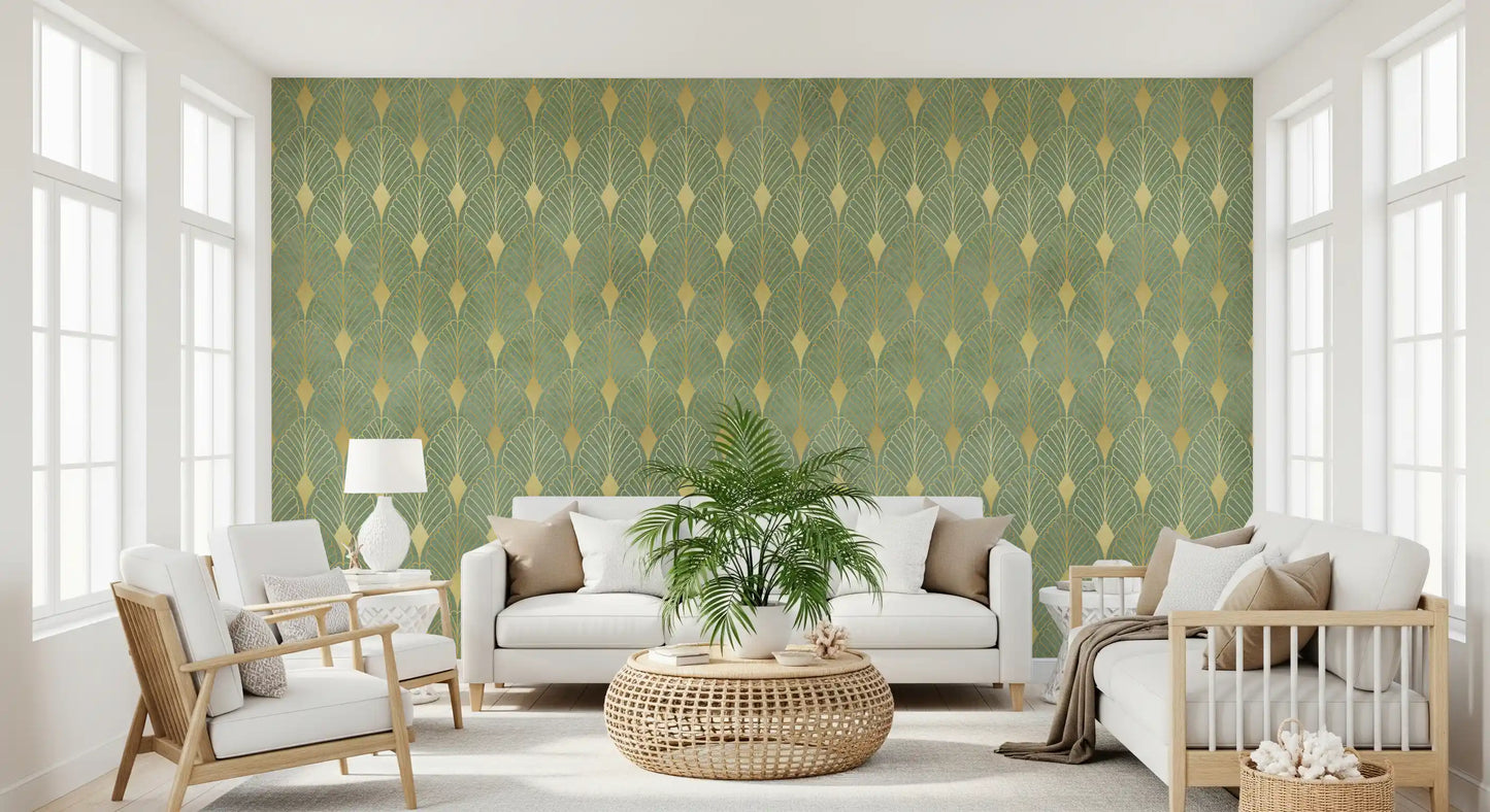 Sage and Gold Art Deco Fan Wall Mural