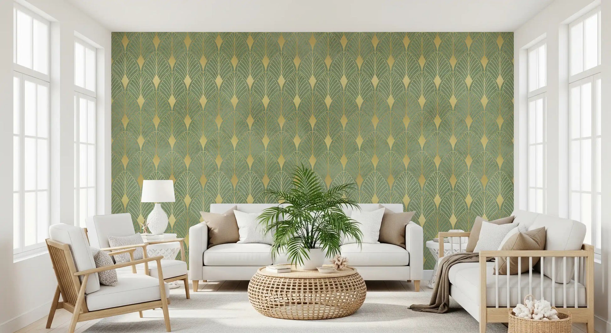 Sage and Gold Art Deco Fan Wall Mural