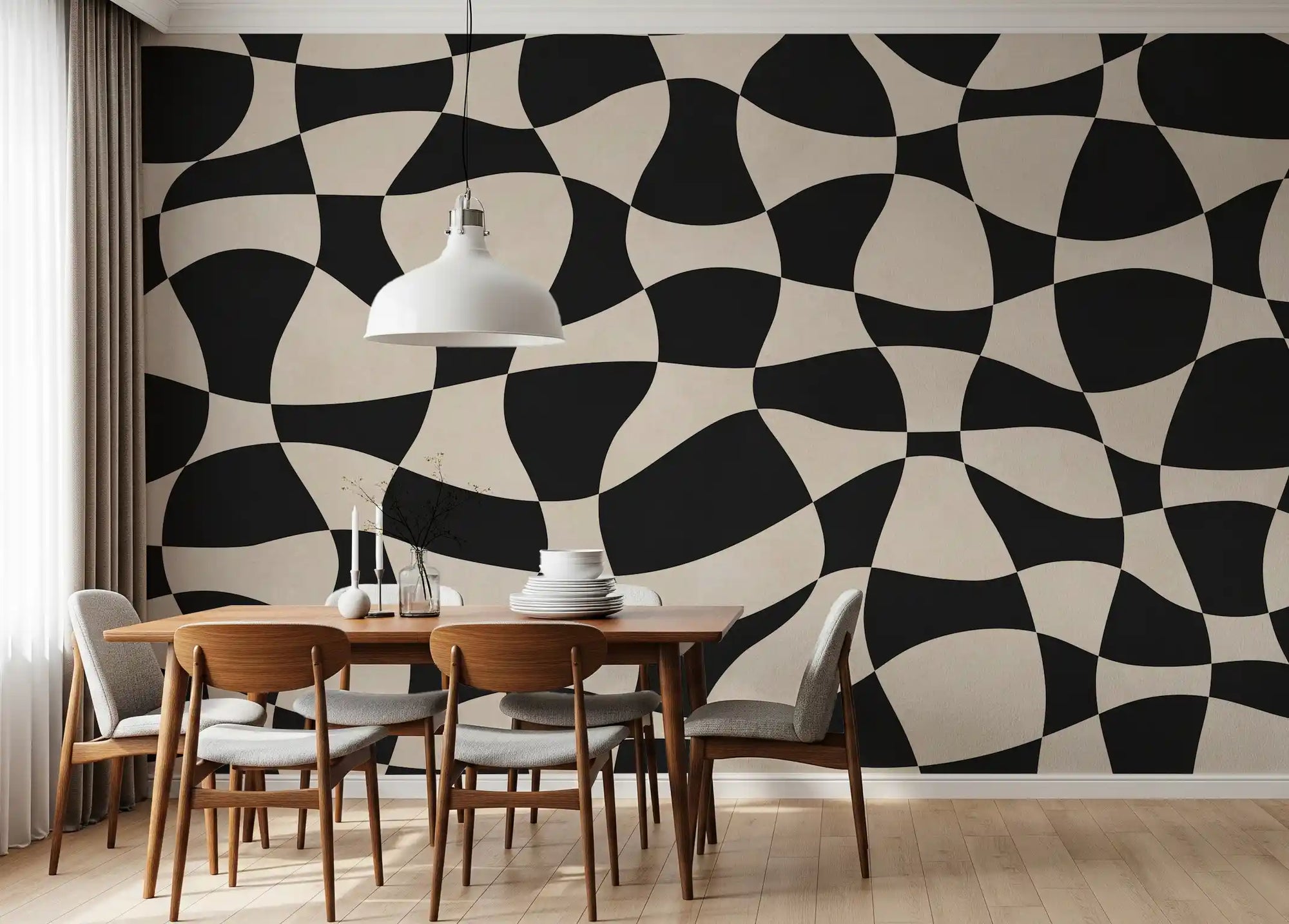 Wavy monochrome wall mural in black and cream geometric shapes GD11298