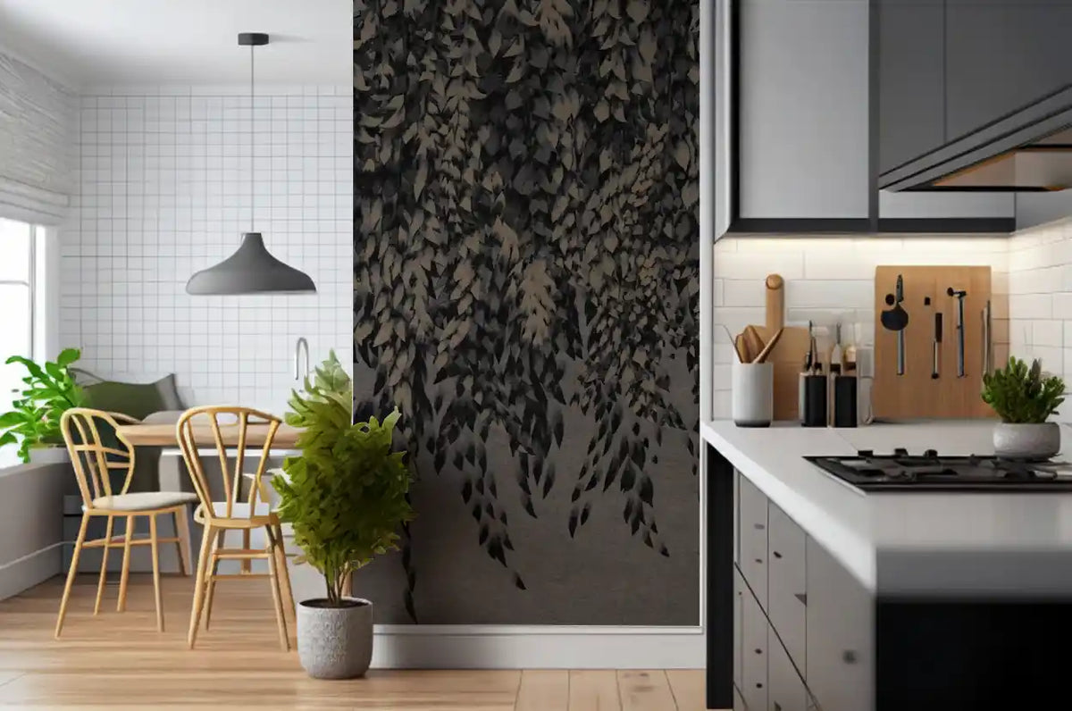 Ink-wash willow mural with trailing black and tan leaves GD11299