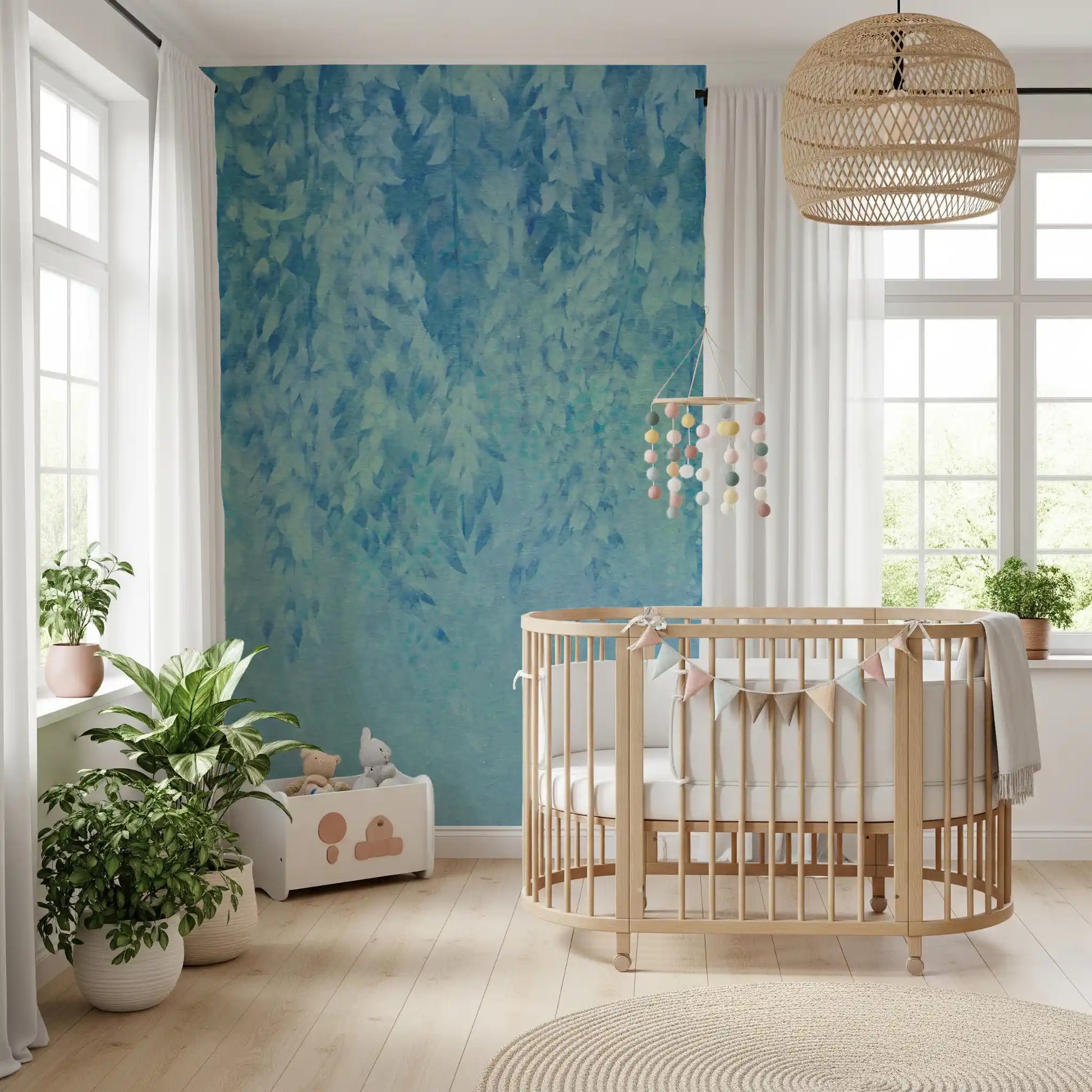 Ethereal Cascading Leaves in Soft Blue Wall Mural