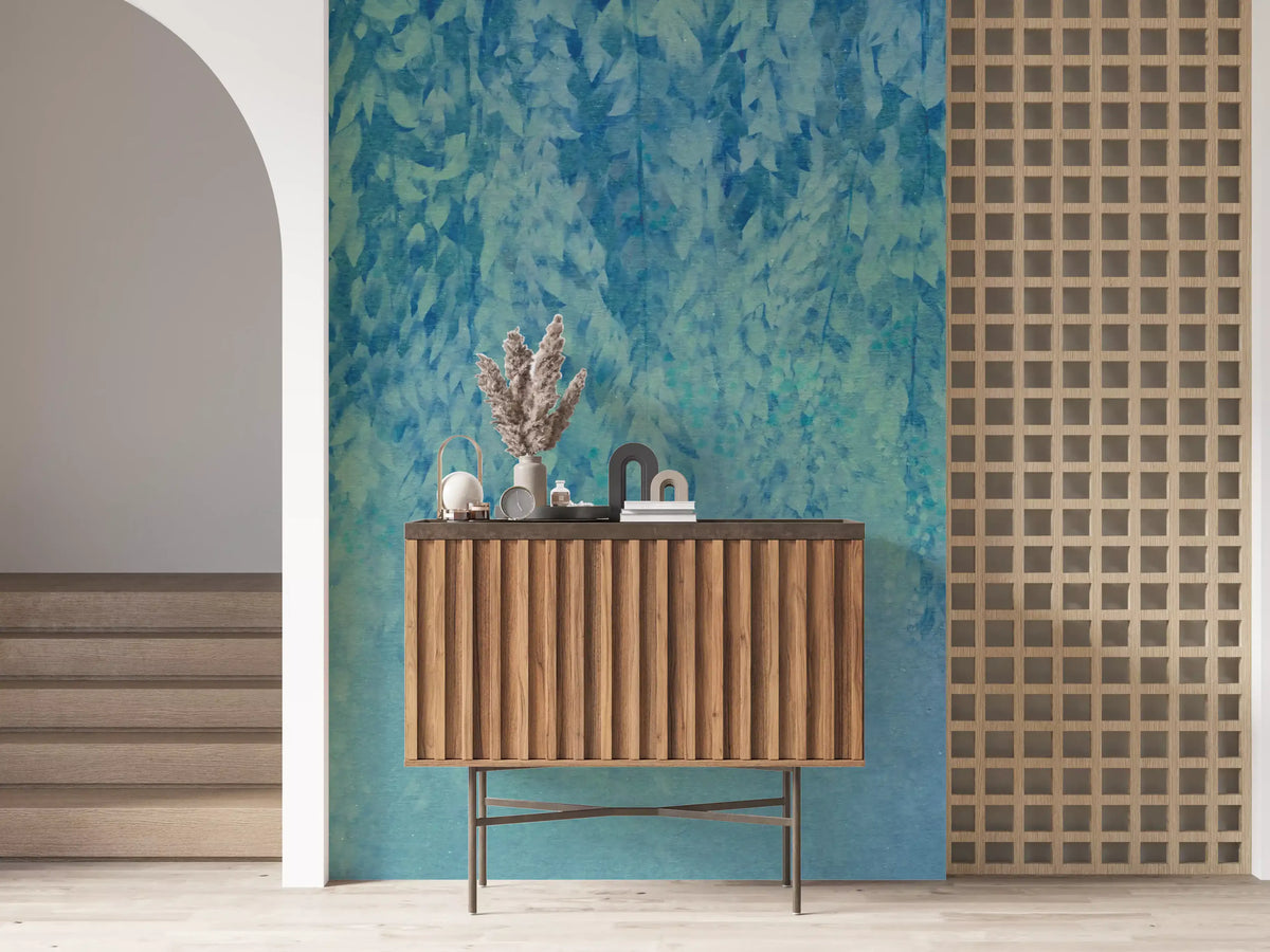 Cascading blue leaves wall mural in soft teal and sage tones GD11300