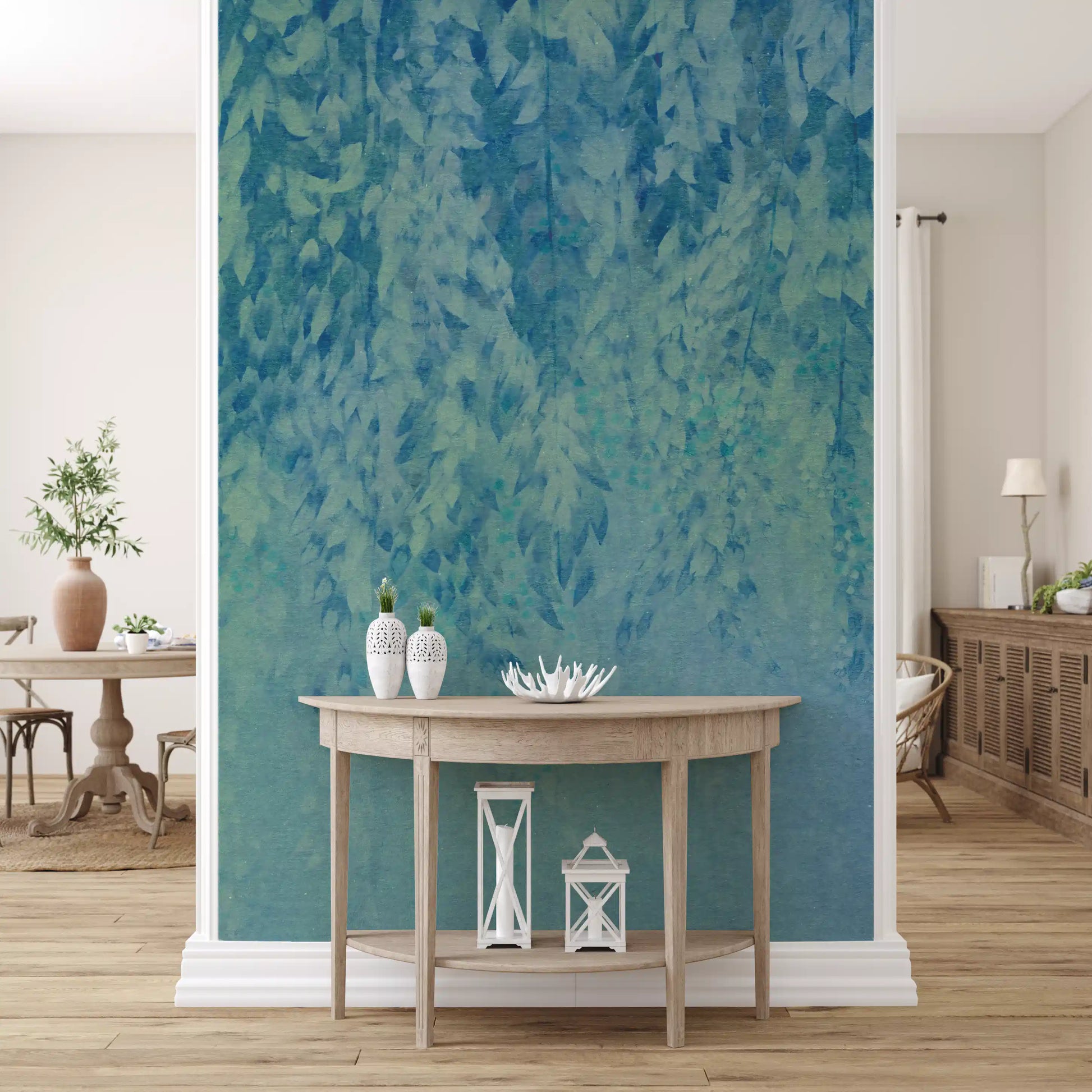 Ethereal Cascading Leaves in Soft Blue Wall Mural