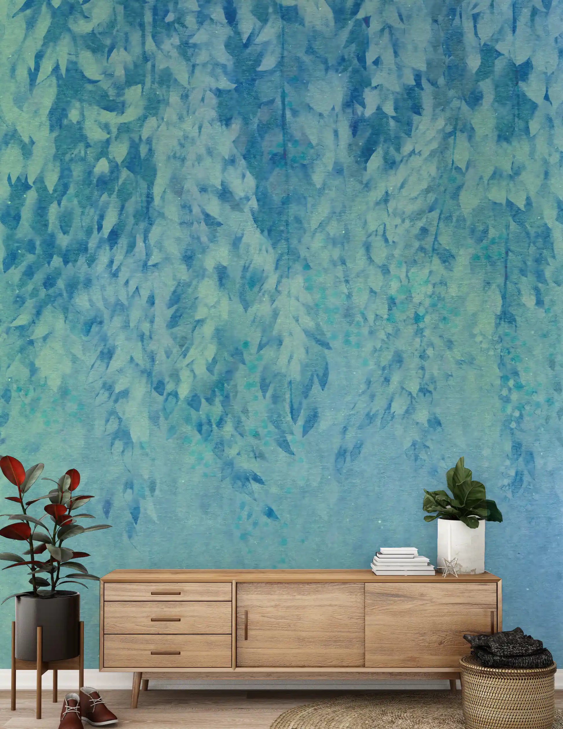 Ethereal Cascading Leaves in Soft Blue Wall Mural