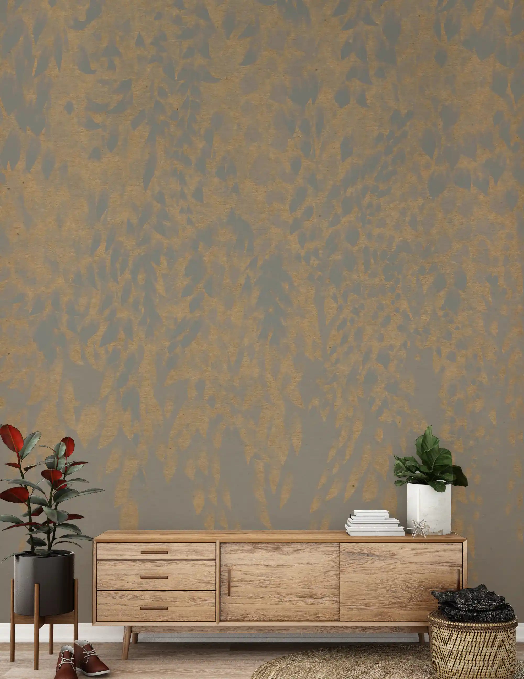 Willow leaf wall mural in gold and bronze on warm grey GD11303
