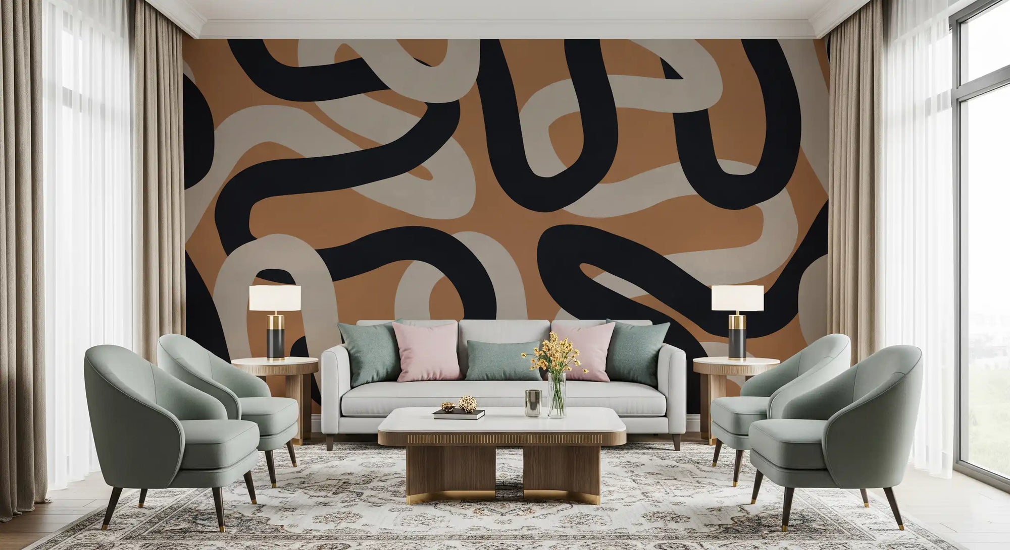 Abstract curve wall mual with black and cream ribbons on brown GD11304
