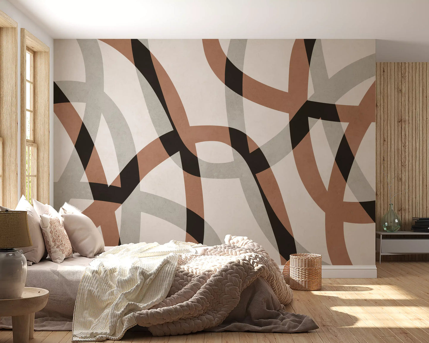 Minimalist Charcoal and Clay Arcs Wall Mural