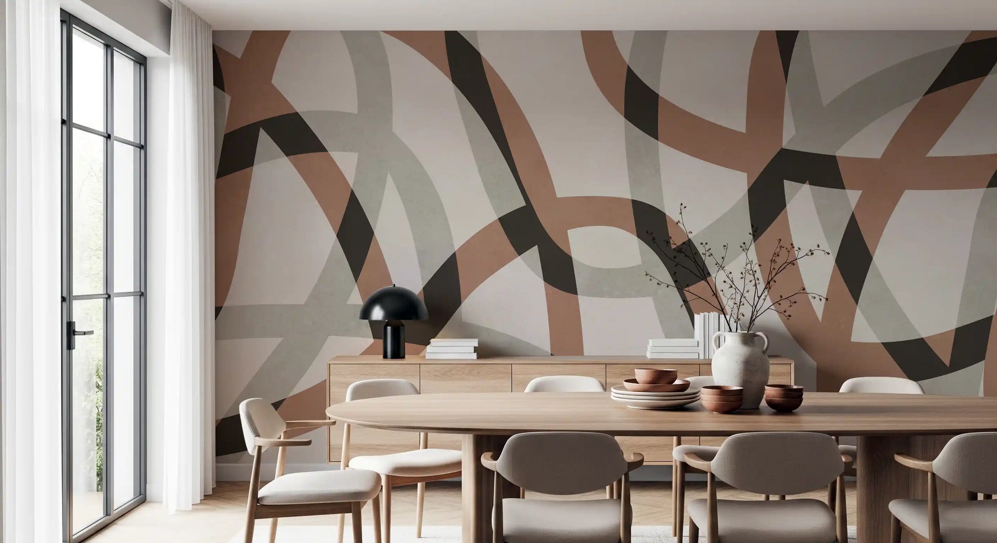 Minimalist Charcoal and Clay Arcs Wall Mural