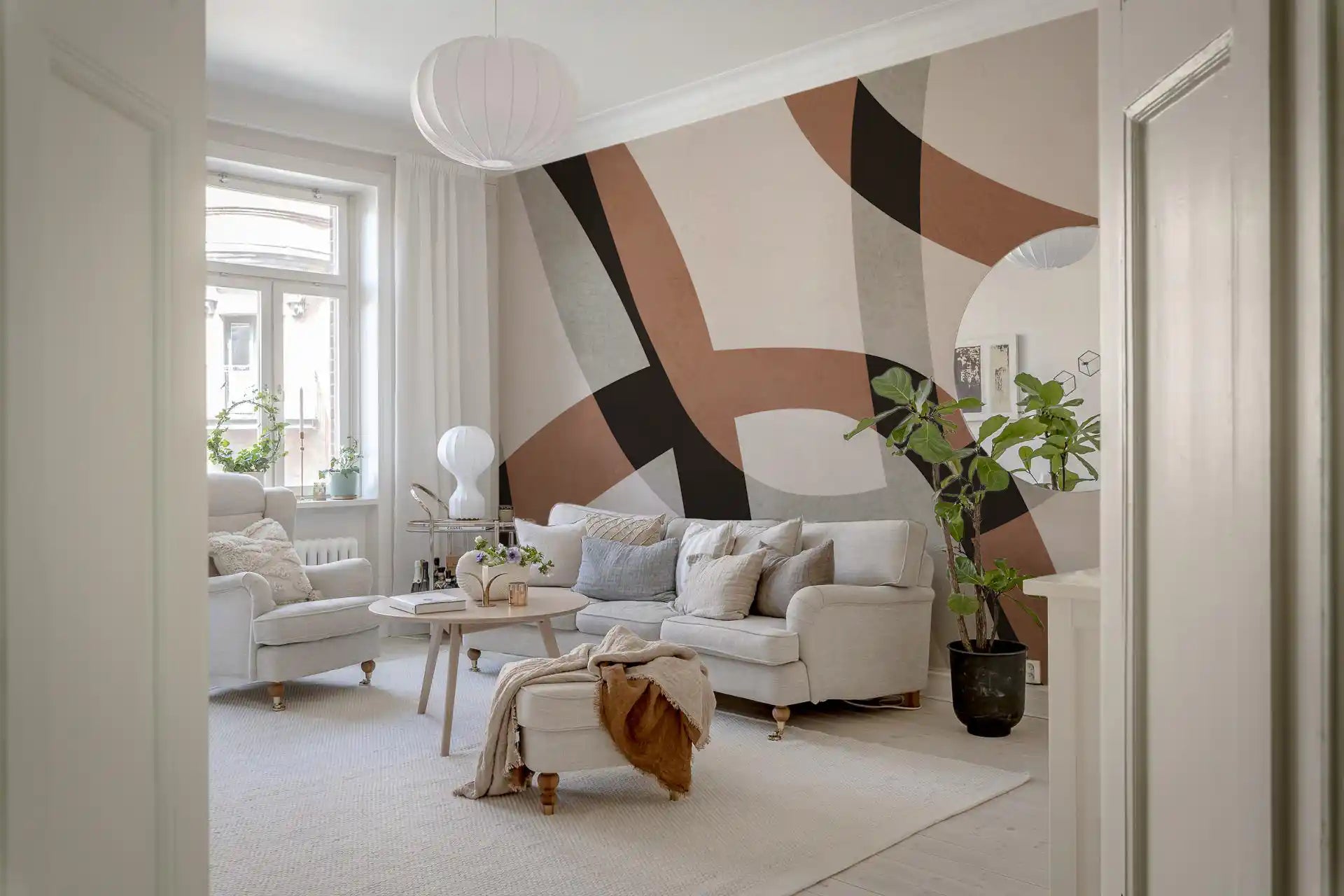 Abstract arc wall mural in charcoal clay and sage on cream GD11305