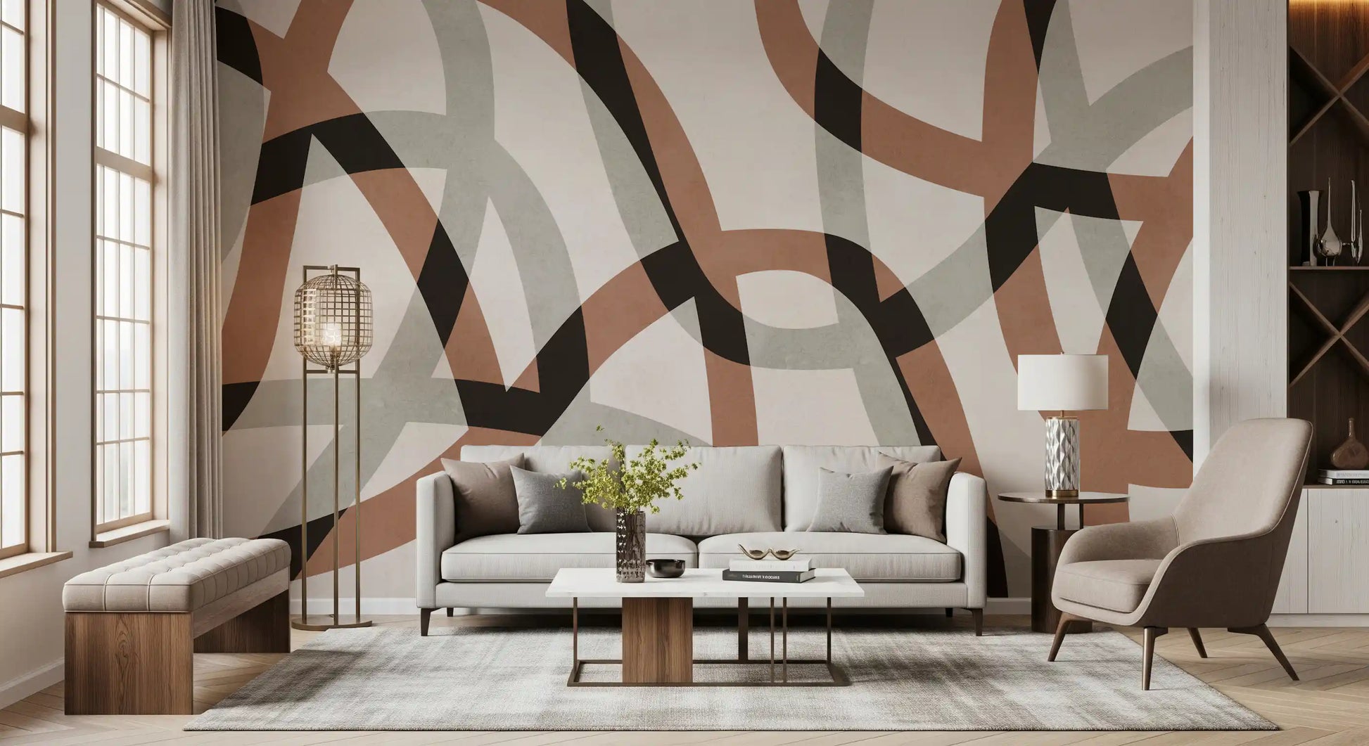 Minimalist Charcoal and Clay Arcs Wall Mural