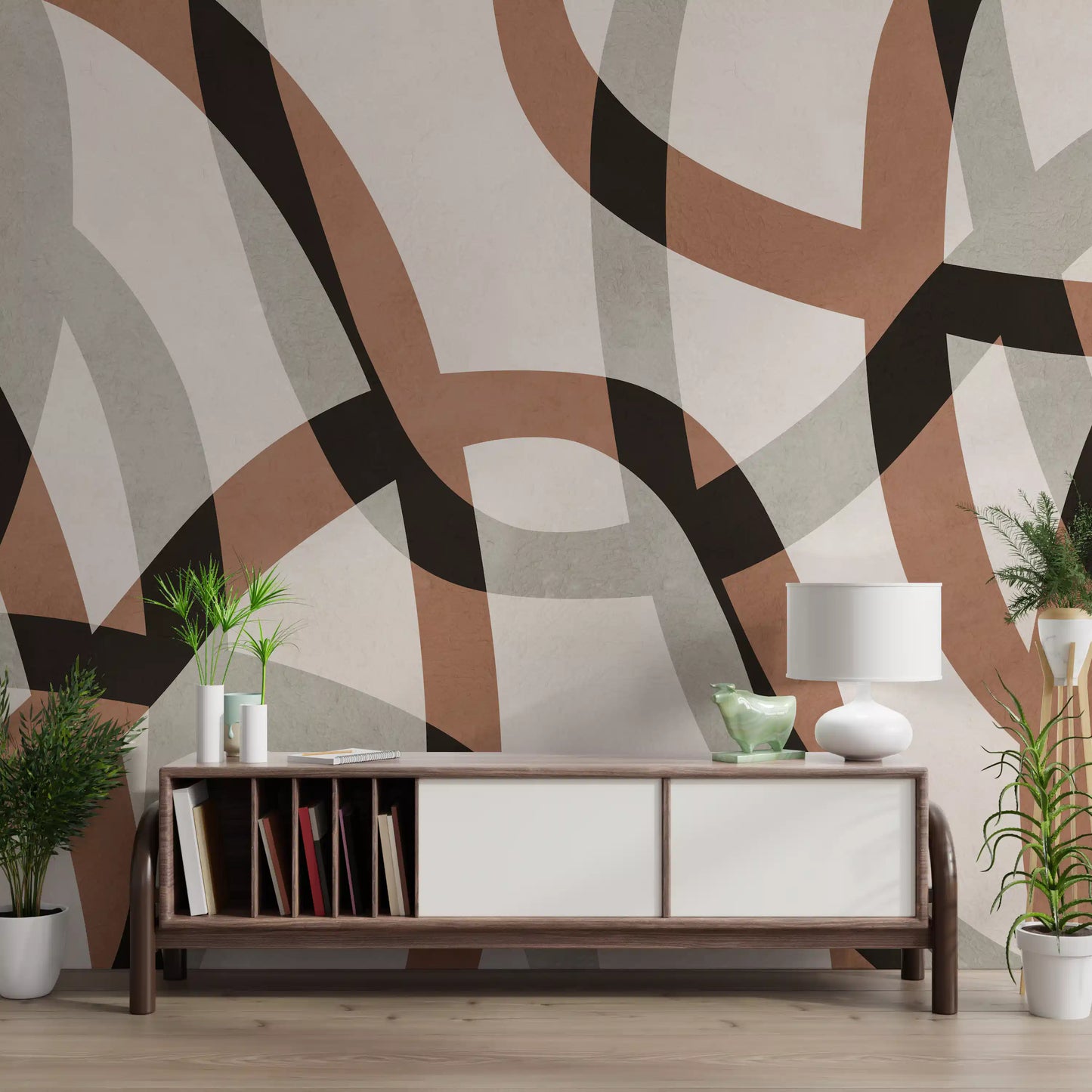Minimalist Charcoal and Clay Arcs Wall Mural