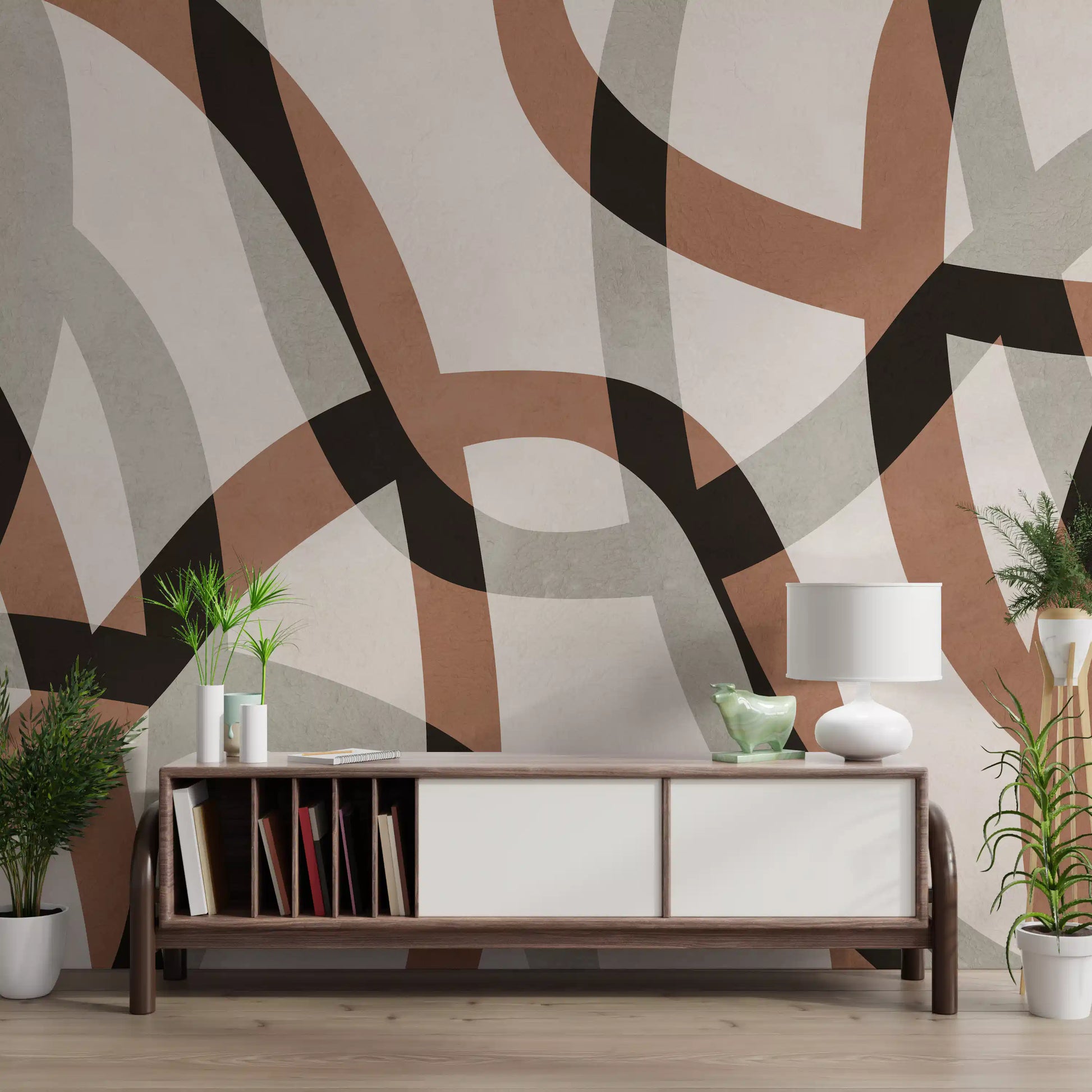 Minimalist Charcoal and Clay Arcs Wall Mural