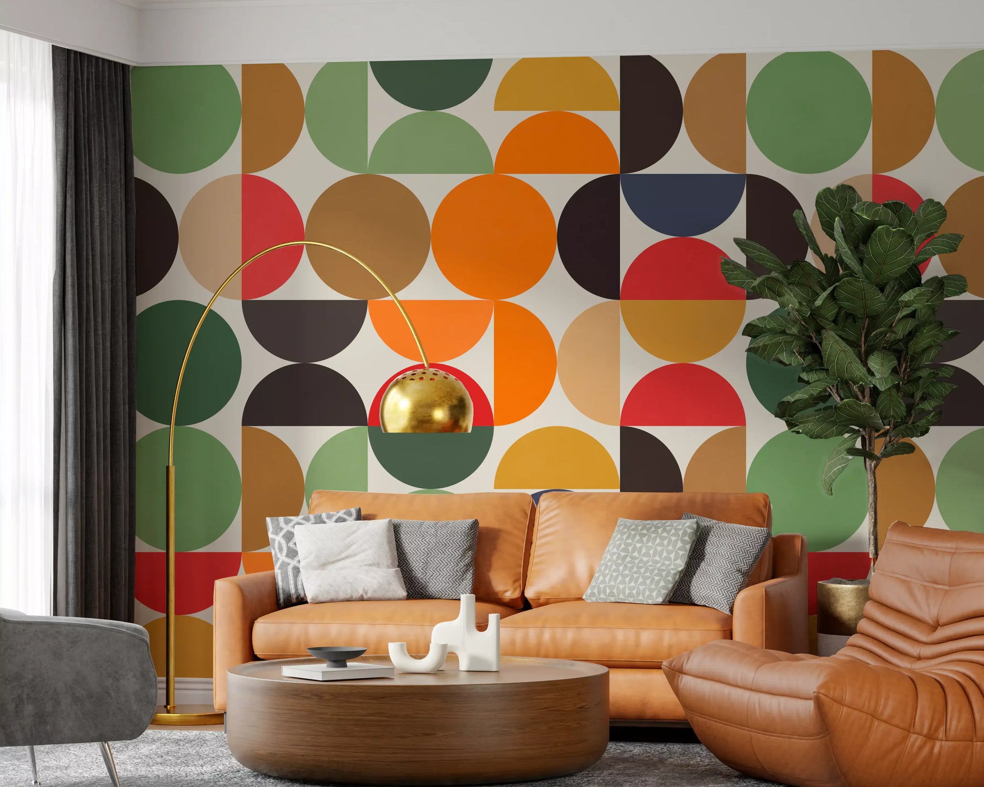 Retro geometric circles wall mural in mustard orange and red GD11307
