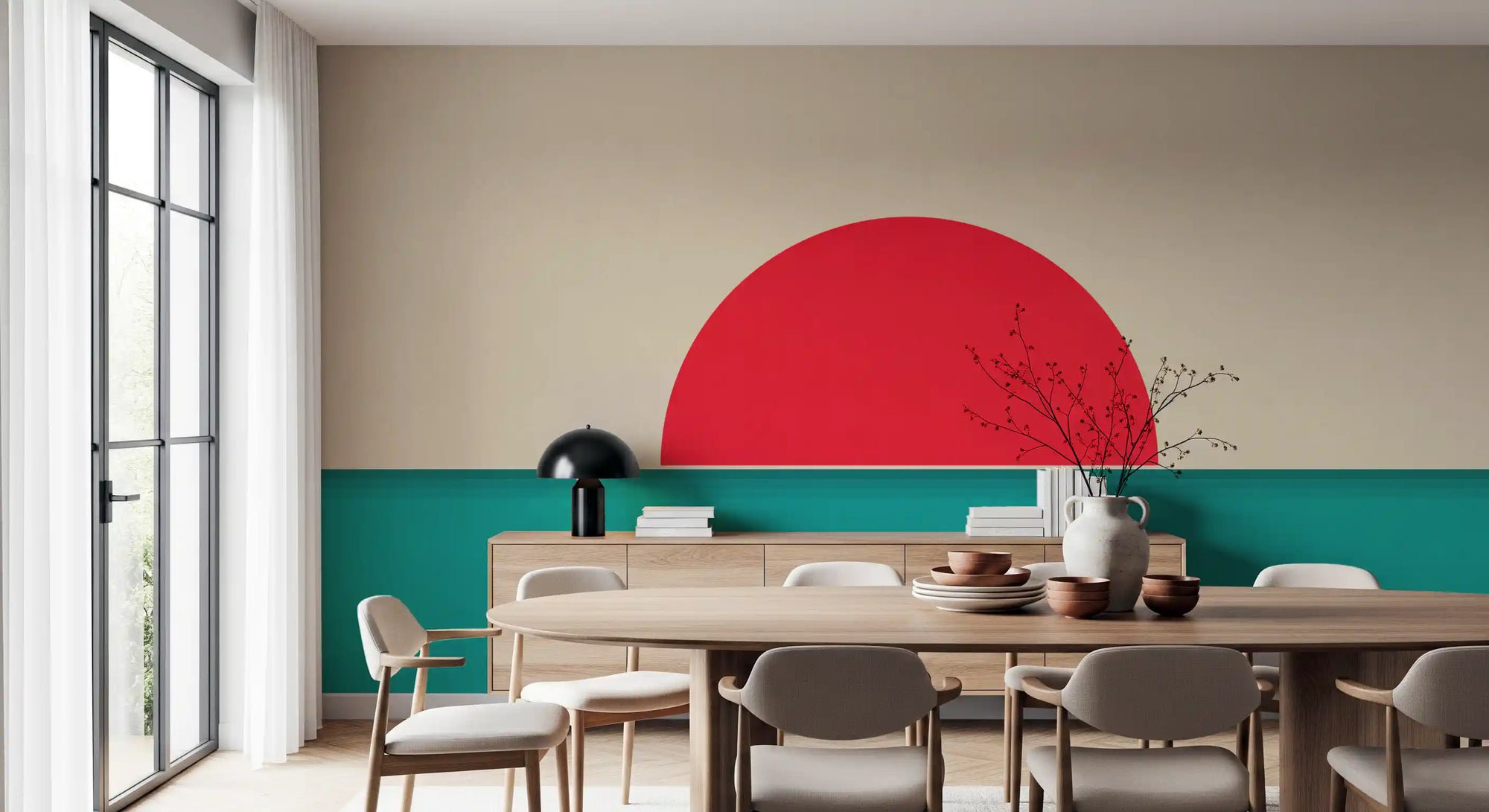 Minimalist red sun seascape wall mural with teal water and cream sky in dining room GD11310