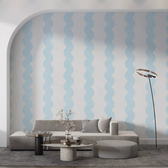 Coastal breeze wavy vertical lines wall mural in powder blue and white GD11313