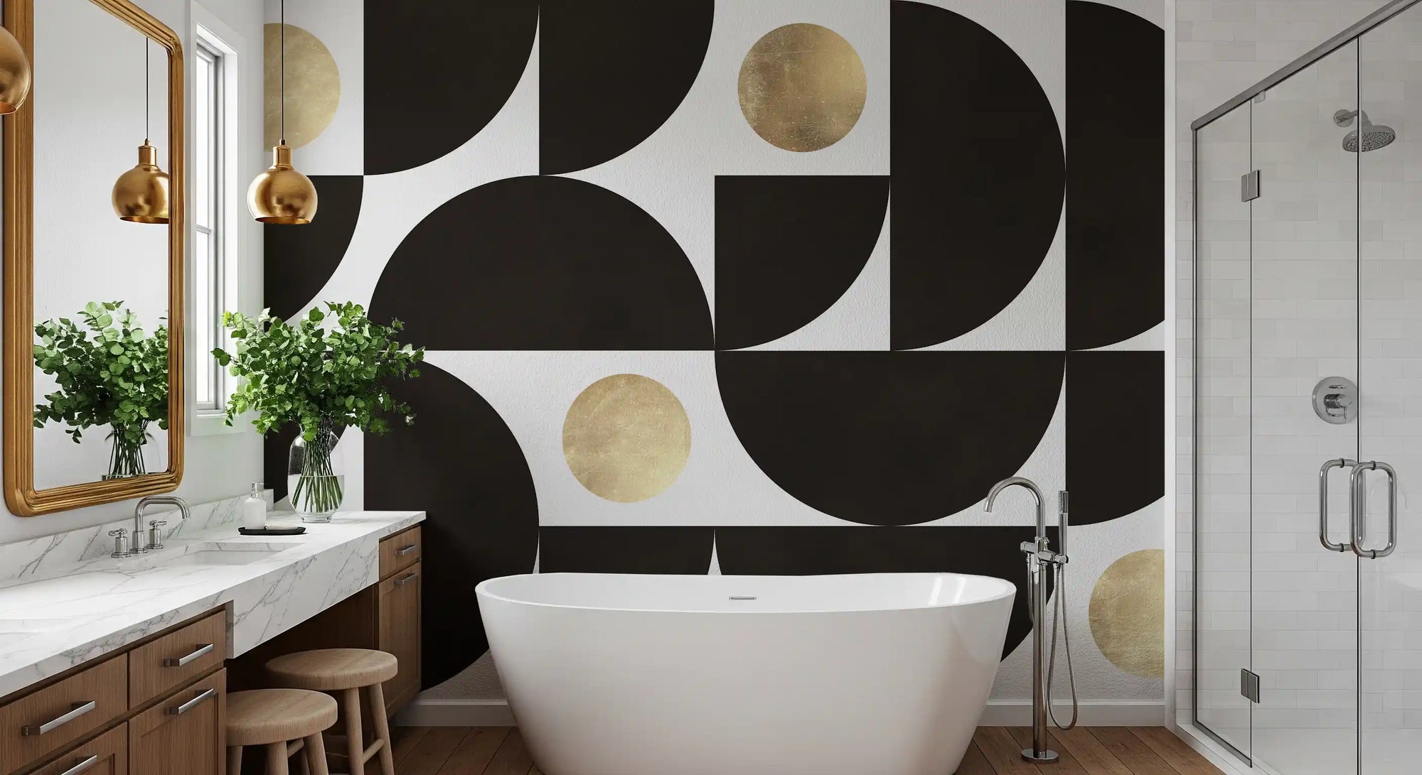 Geometric gold and black shapes on white wall mural GD11315