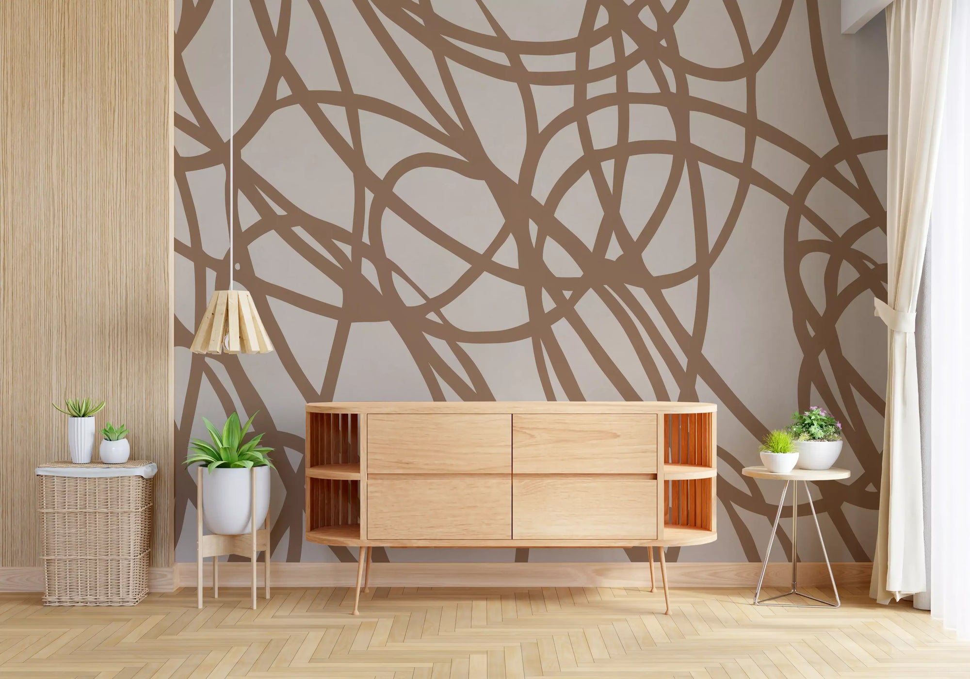 Abstract brown swirl lines on a soft beige wall mural GD11316