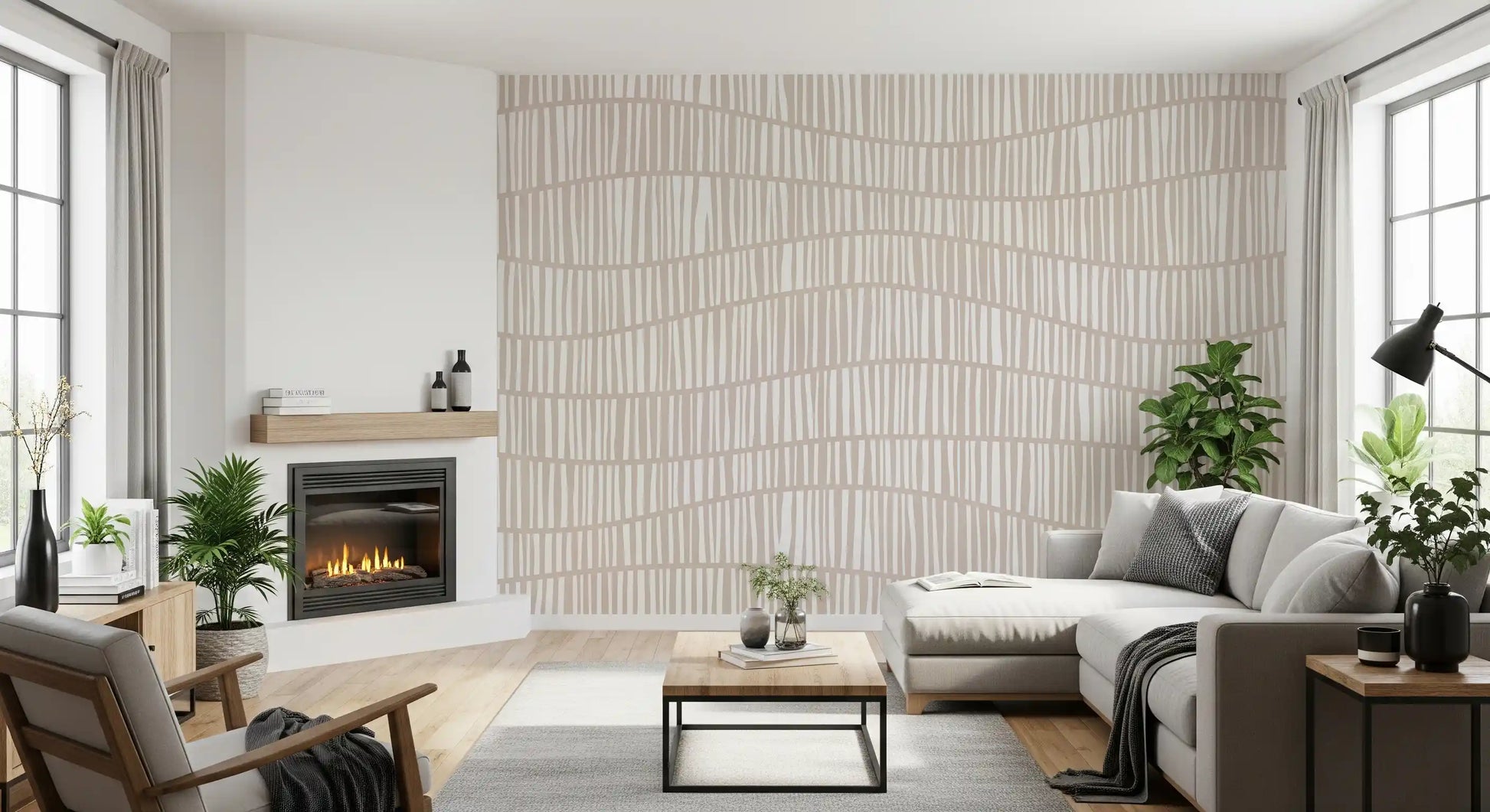 Minimalist Wavy Vertical Lines in Taupe Wall Mural