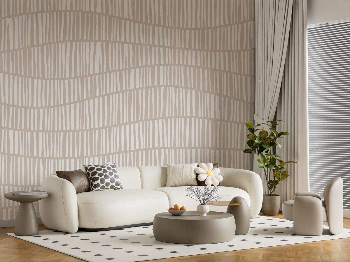 Minimalist taupe wavy line wall mural on a soft cream ground GD11318