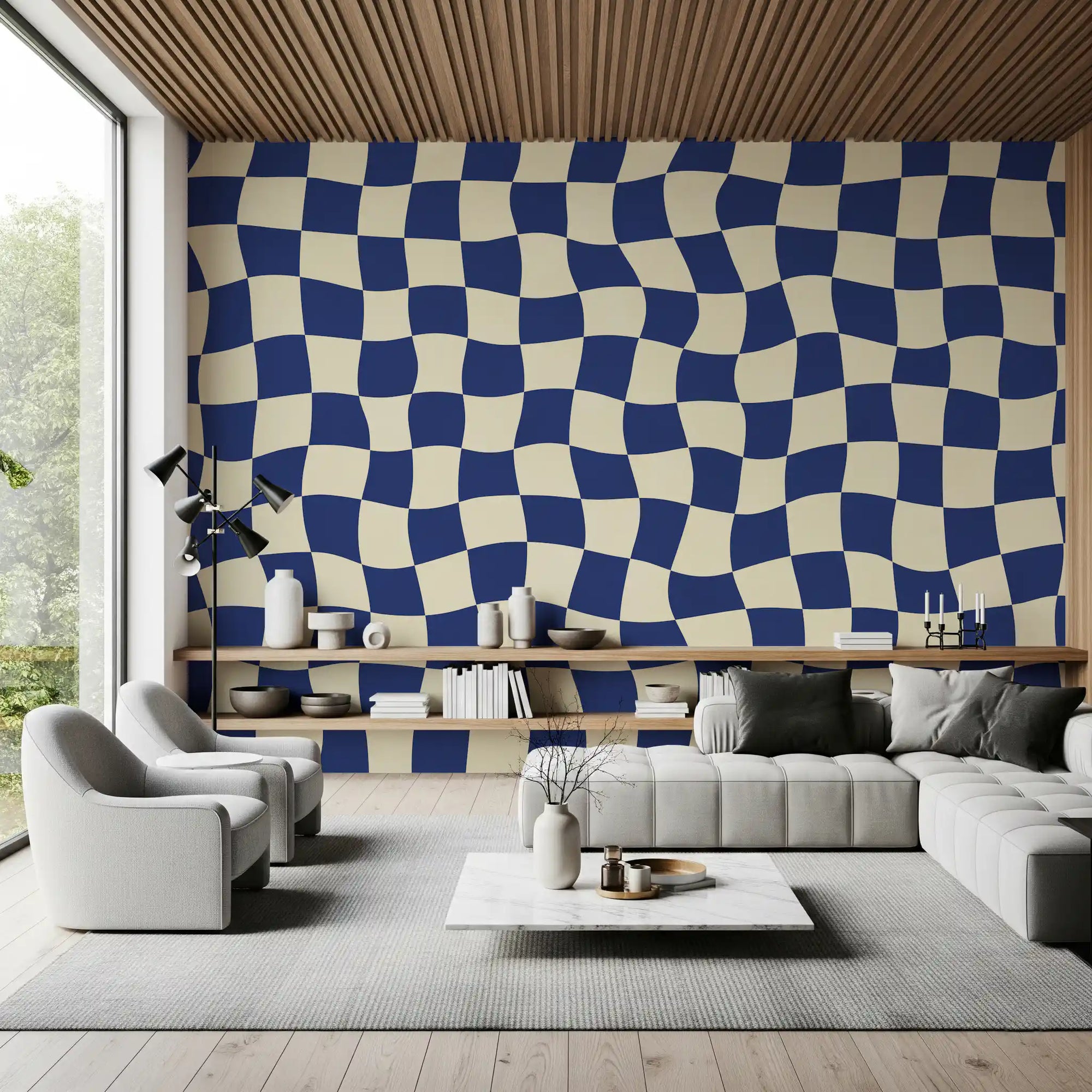 Retro fluid checkerboard wall mural in navy blue and cream GD11319