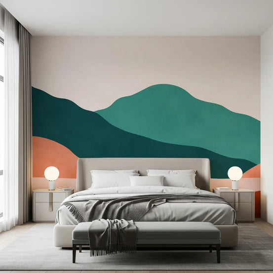 Abstract mountain range wall mural in terracotta, teal, and peach tones GD11320