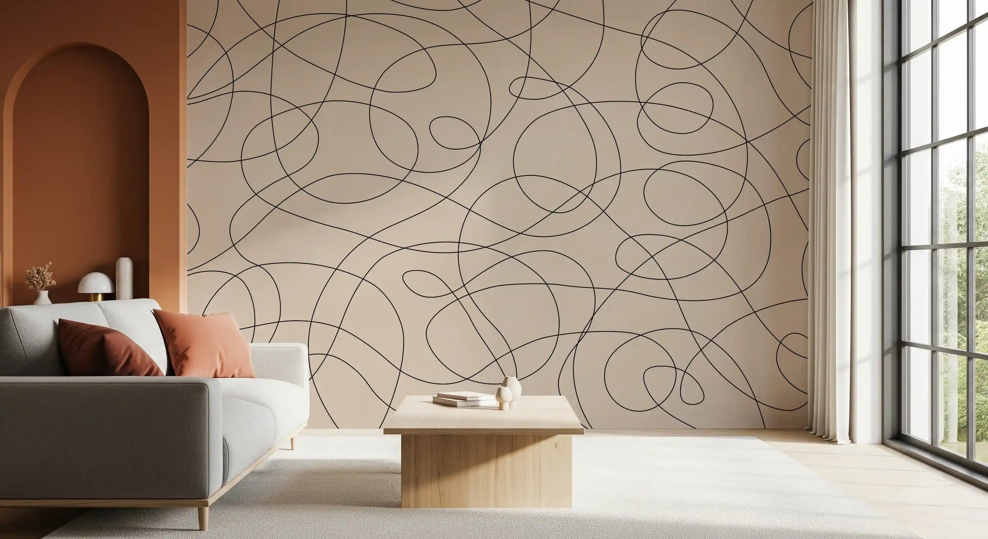 Abstract ink flow line wall mural in black over a warm beige ground GD11323