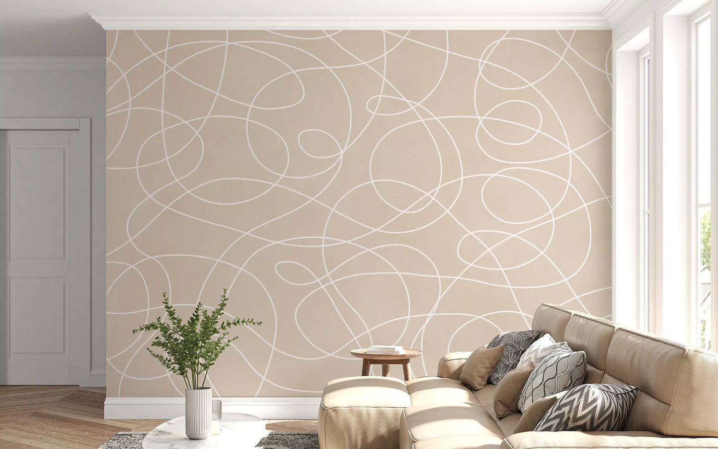 Minimalist Soft Beige Line Art Wall Mural